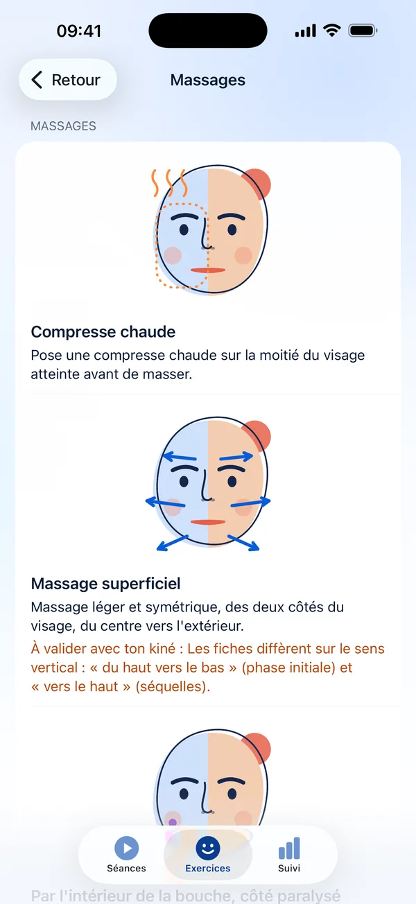 Massages&nbsp;: compresse chaude et massage superficiel illustrés.